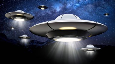 Işıklı Ufo geceye karşı. 3d illüstrasyon.