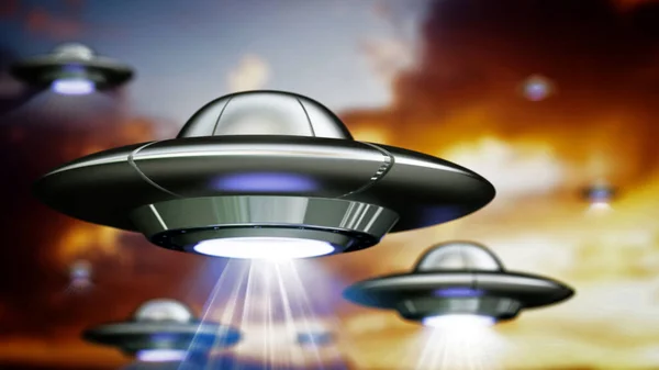 Flying saucers with light beams in the sky. 3D illustration.