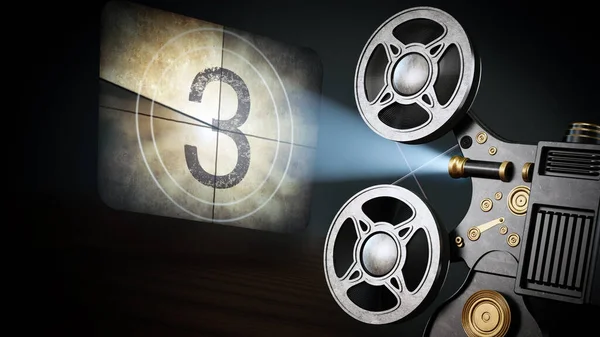Vintage movie projector projects countdown screen. 3D illustration.