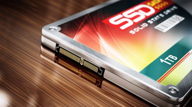 Ahşap masada duran genel SSD. 3B illüstrasyon.