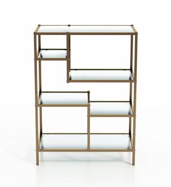 Beyaz arka planda cam rafları olan modern vitrin. 3B illüstrasyon.