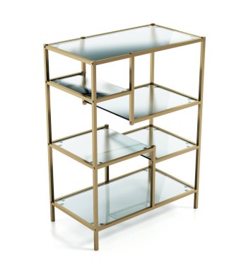 Beyaz arka planda cam rafları olan modern vitrin. 3B illüstrasyon.