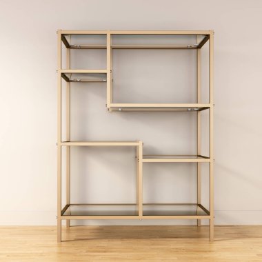 Cam raflı modern vitrin. 3B illüstrasyon.