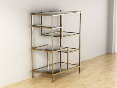 Cam raflı modern vitrin. 3B illüstrasyon.