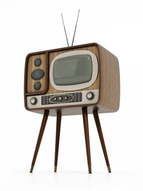 Beyaz arka planda izole edilmiş eski analog televizyon. 3B illüstrasyon.