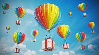 Kırmızı kurdeleyle sarılı beyaz hediye kutusu taşıyan renkli sıcak hava balonu. 3B illüstrasyon.