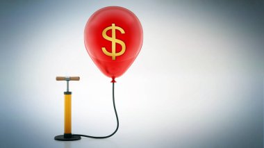 Manual hand pump connected to the inflated red balloon with Dollar icon. 3D illustration. clipart