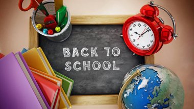 Back to school concept with text on the black board. 3D illustration.