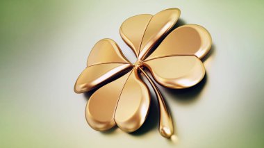 Yeşil arka planda dört yapraklı altın yonca. 3B illüstrasyon.