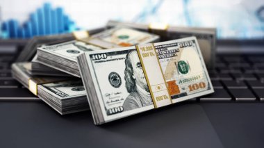 Dizüstü bilgisayarın üzerinde duran dolar banknotları. 3B illüstrasyon.