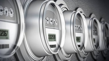 Enerji tasarruflu akıllı elektrik sayaçları üst üste. 3B illüstrasyon.