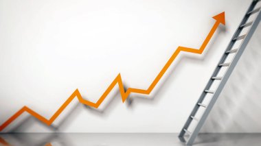 Yükselen satış oku merdivene çıkıyor. İş ve pazarlama kavramı. 3B illüstrasyon.