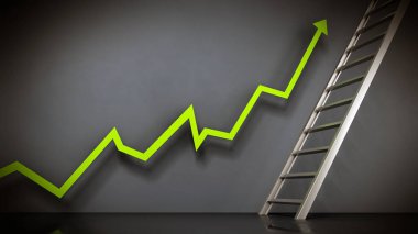 Yükselen satış oku merdivene çıkıyor. İş ve pazarlama kavramı. 3B illüstrasyon.