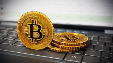 Dizüstü bilgisayarın klavyesinde duran şifreli bozuk paralar. 3B illüstrasyon.