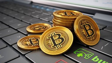 Genel kripto para birimleri, dizüstü bilgisayar klavyesinde duran simgeleri alıp satmak. 3B illüstrasyon.