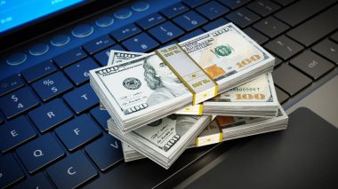 Dizüstü bilgisayarın üzerinde duran dolar banknotları. 3B illüstrasyon.