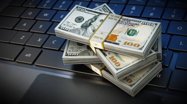 Dizüstü bilgisayarın üzerinde duran dolar banknotları. 3B illüstrasyon.
