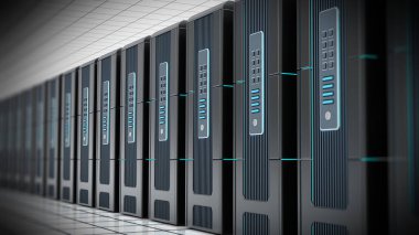 Network servers in a row isolated on white background. 3D illustration.