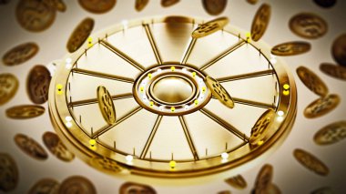 Mavi arka planda dolar simgesi olan altın sikkeler. 3B illüstrasyon.