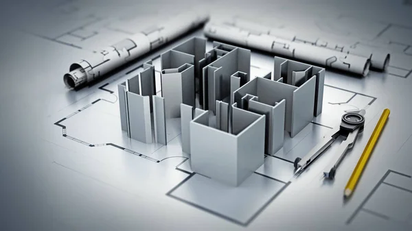 Architectural plans, house model, pencil and compasses. 3D illustration.