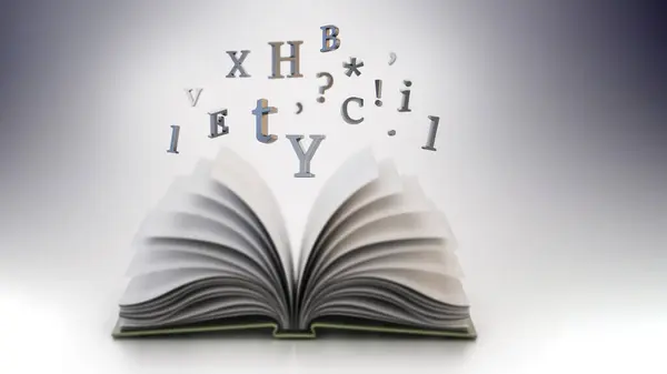 Open book with flying letters in the air. 3D illustration.