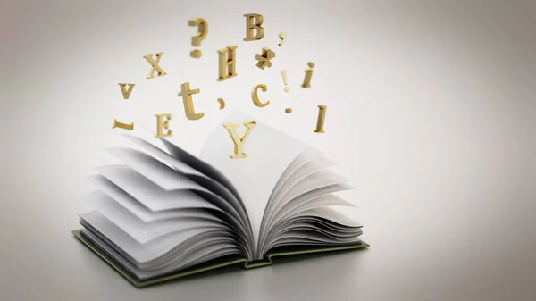 Open book with flying letters in the air. 3D illustration.