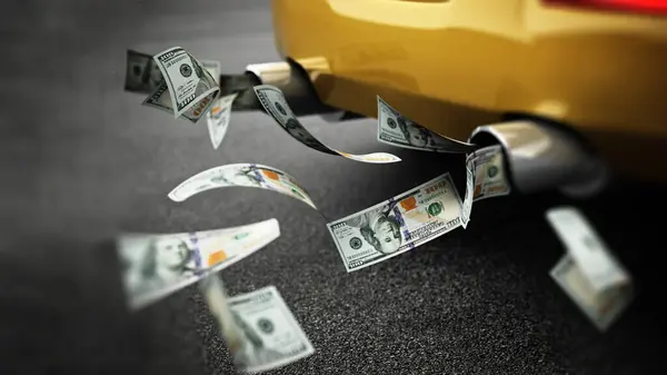 100 dollar bills flowing from the exhaust pipe of a car. 3D illustration.