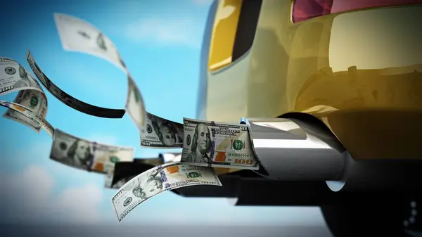 100 dollar bills flowing from the exhaust pipe of a car. 3D illustration.