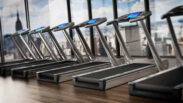 Treadmills inside a sports center in upper floors. 3D illustration.