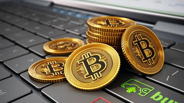 Genel kripto para birimleri, dizüstü bilgisayar klavyesinde duran simgeleri alıp satmak. 3B illüstrasyon.