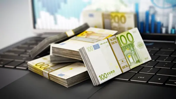 Euro bills standing on laptop keyboard. 3D illustration.
