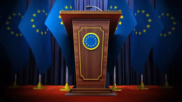 Group European Union Flags Standing Next Lectern Conference Hall Illustration — Stock Photo, Image