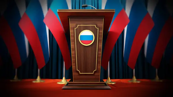 Gruppe Russiske Flagg Som Står Ved Siden Lekteren Konferanserommet Illustrasjon – stockfoto