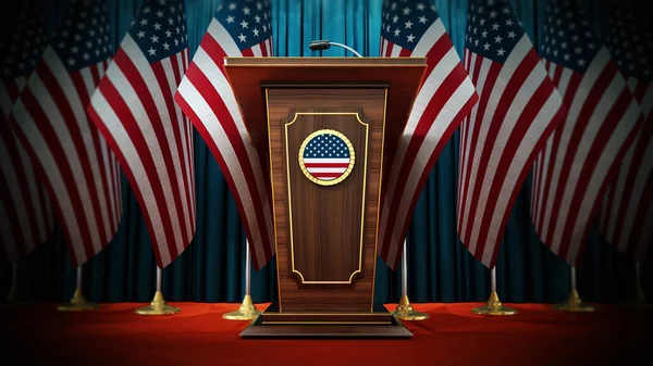 Group American Flags Standing Next Lectern Conference Hall Illustration — Stock Photo, Image