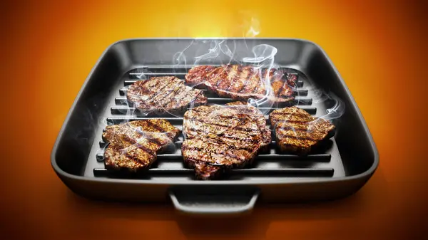 Grilled steaks in hot frying pan. 3D illustration.