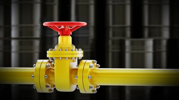 Yellow oil pipe with valve against black oil drums background. 3D illustration.