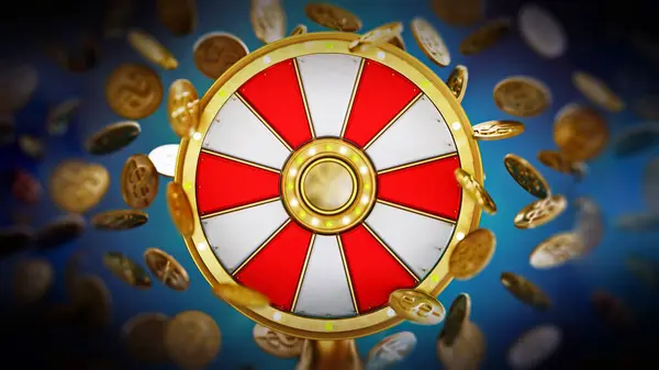Prize wheel and gold coins with dollar icon on blue background. 3D illustration.