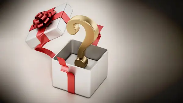 Gold question mark inside open giftbox. 3D illustration.