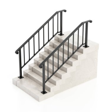 Merdivenler ve parmaklıklar beyaz arka planda izole edilmiş. 3B illüstrasyon.