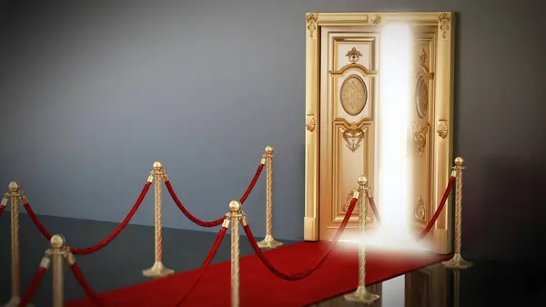 Red carpet and velvet ropes leading to the half open golden door. 3D illustration.