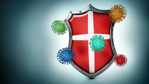 Viruses and shield isolated on green background. 3D illustration.