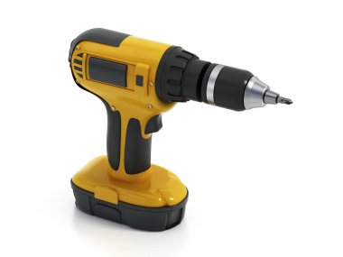 Şarj edilebilir kablosuz matkap beyaz arkaplanda izole edildi. 3B illüstrasyon.