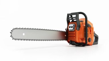 Beyaz arka planda izole edilmiş klasik elektrikli testere. 3B illüstrasyon.