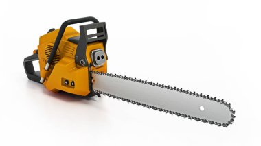 Beyaz arka planda izole edilmiş klasik elektrikli testere. 3B illüstrasyon.