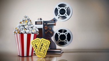 Klasik film projektörü patlamış mısır, sinema biletleri. 3B illüstrasyon.