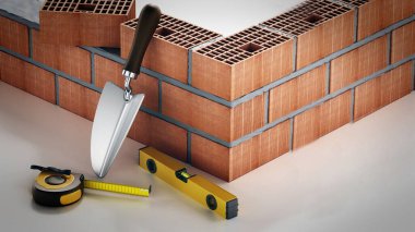 Tuğlalar ve inşaat aletleri beyaz arka planda izole edilmiş. 3B illüstrasyon.