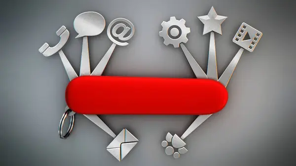 Technology icons connected to Swiss knife. 3D illustration.
