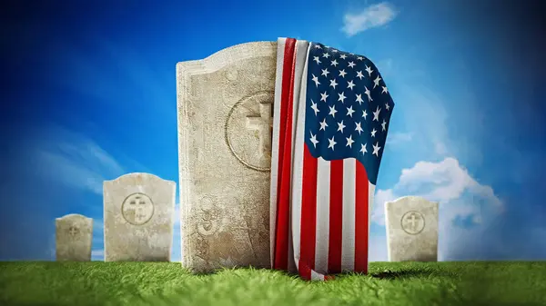 American flag on gravestone in veterans cemetery. 3D illustration.