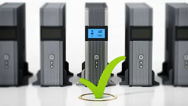 Uninterruptible power supply UPS with green checkmark stands out. 3D illustration.