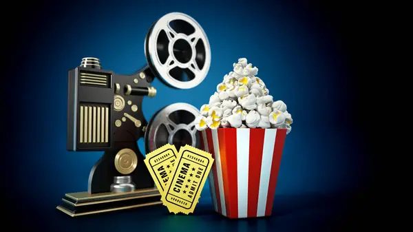 Vintage movie projector, popcorn, cinema tickets. 3D illustration.